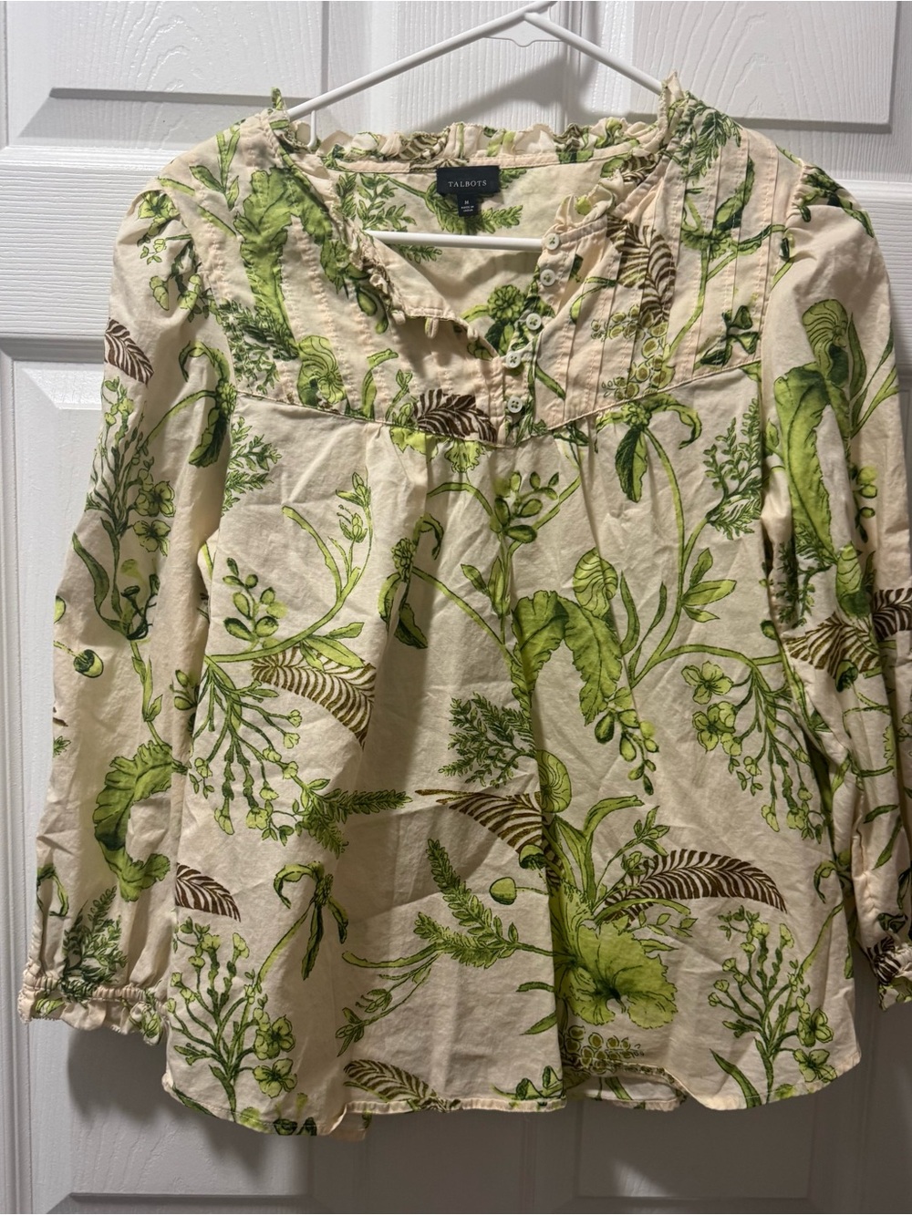 Talbots Cream Blouse with Green Botanical Print